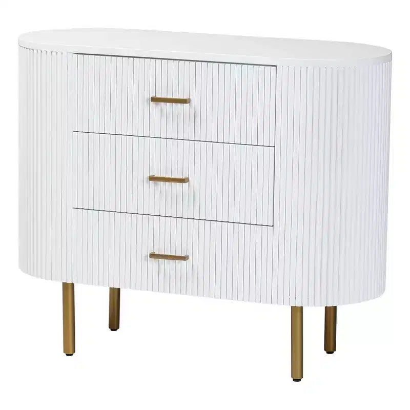Fluted Wood and Metal 3 Drawer Dresser, White and Gold, Mid-Century Style