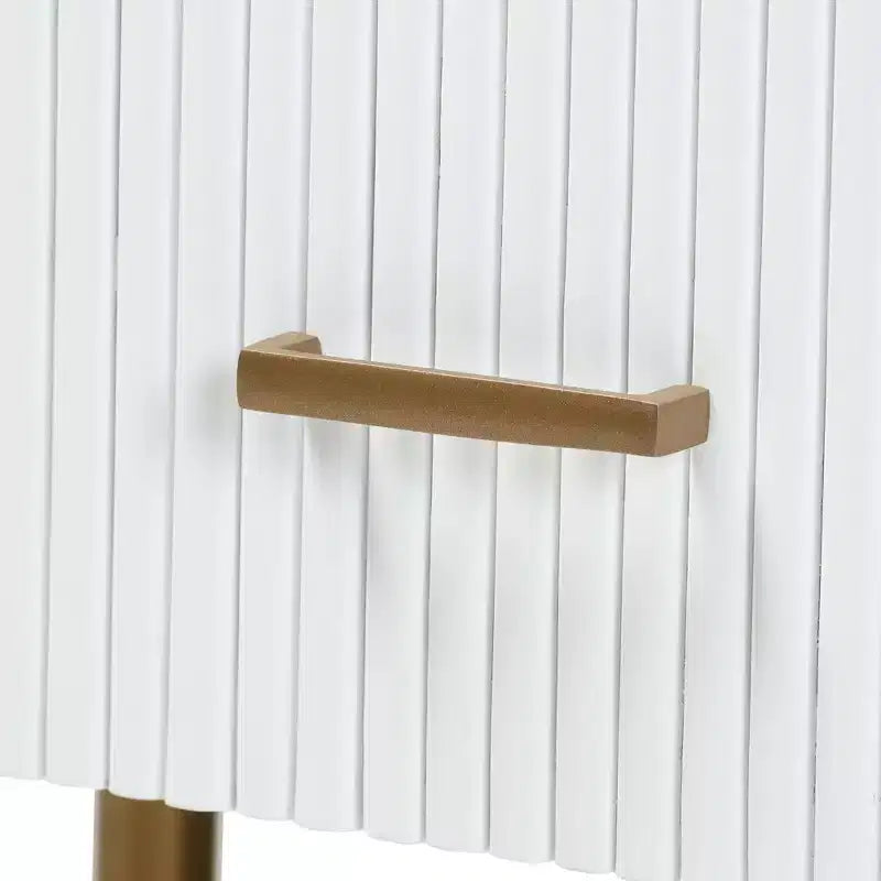Fluted Wood and Metal 3 Drawer Dresser, White and Gold, Mid-Century Style