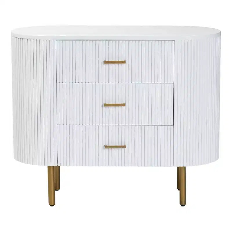 Fluted Wood and Metal 3 Drawer Dresser, White and Gold, Mid-Century Style
