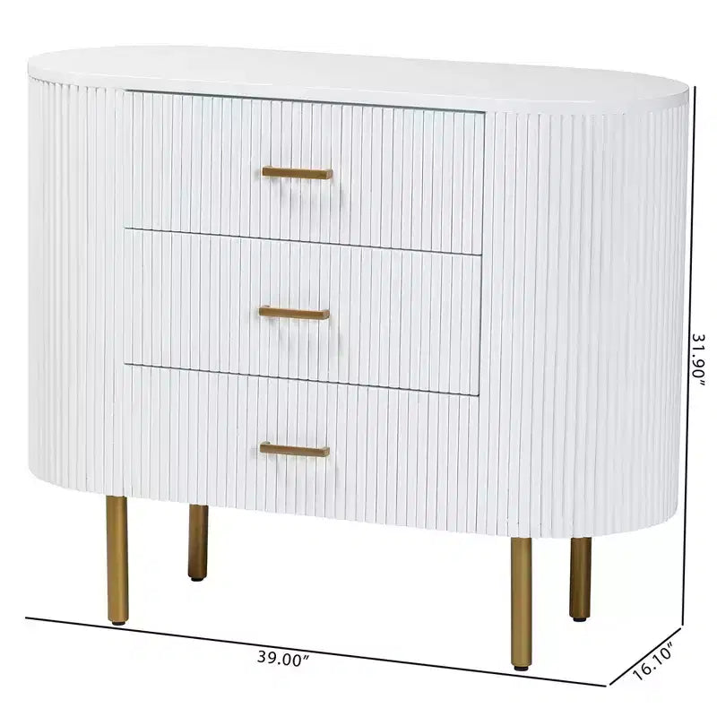 Fluted Wood and Metal 3 Drawer Dresser, White and Gold, Mid-Century Style