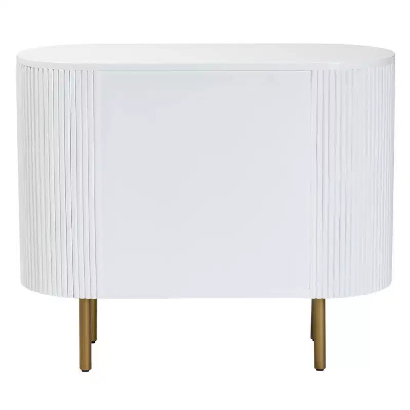 Fluted Wood and Metal 3 Drawer Dresser, White and Gold, Mid-Century Style