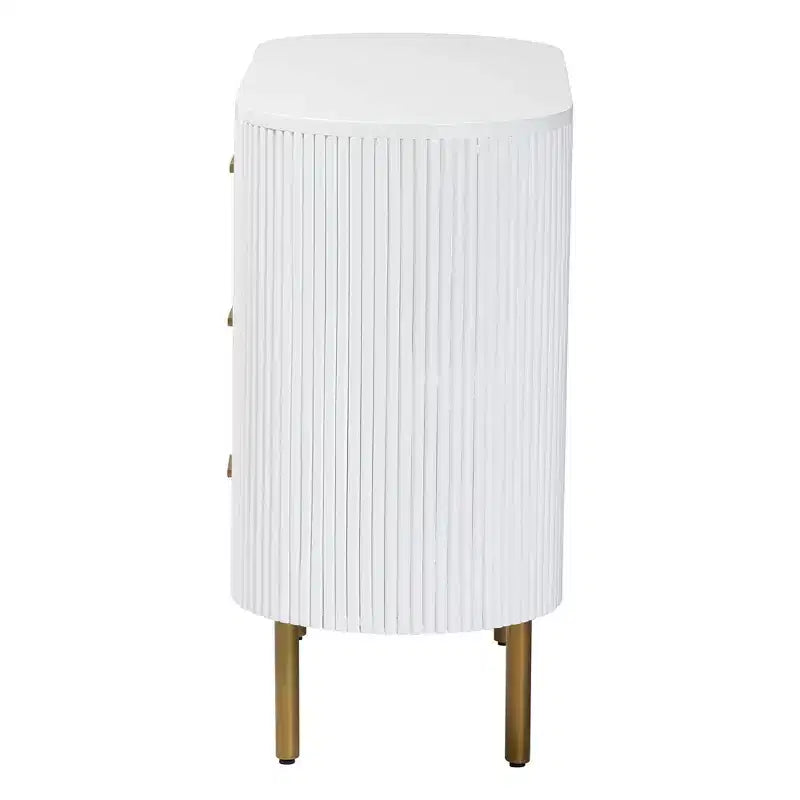 Fluted Wood and Metal 3 Drawer Dresser, White and Gold, Mid-Century Style