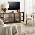 Glass TV Stand for TVs up to 59 in., Metal Frame with Wood Interior and Glass Doors