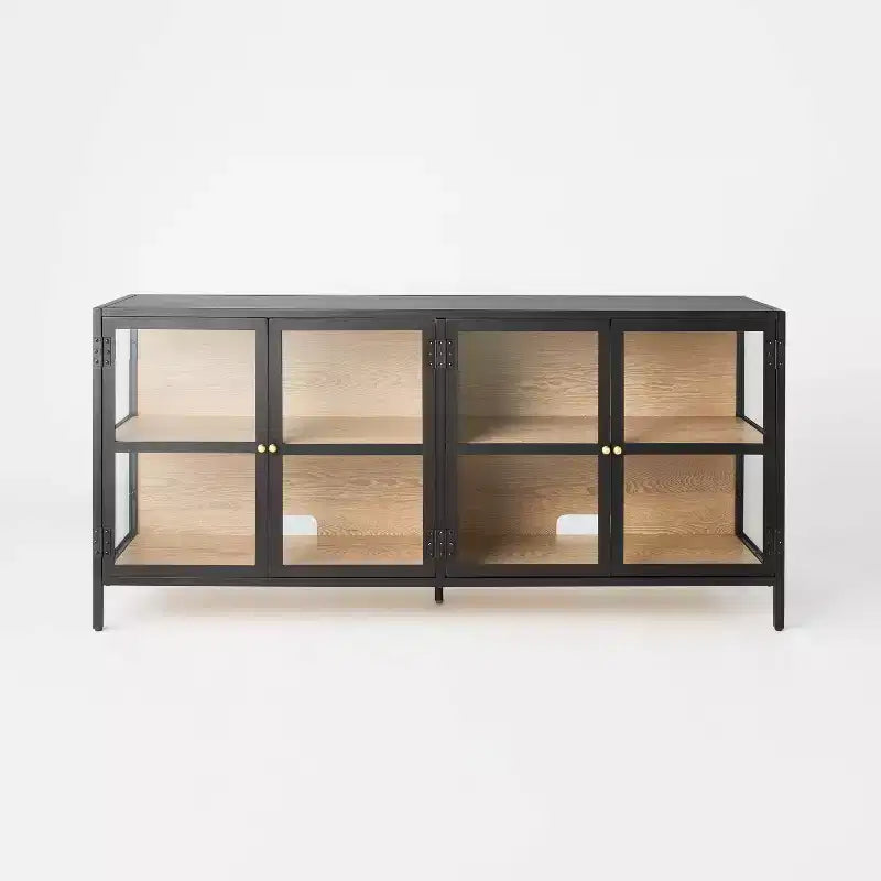 Glass TV Stand for TVs up to 59 in., Metal Frame with Wood Interior and Glass Doors