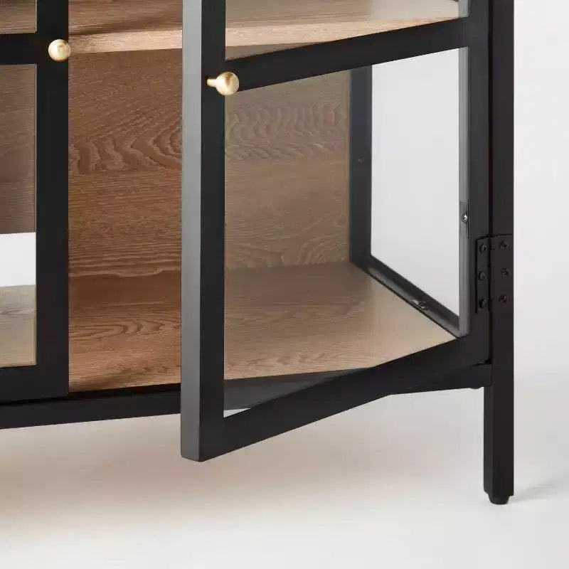 Glass TV Stand for TVs up to 59 in., Metal Frame with Wood Interior and Glass Doors
