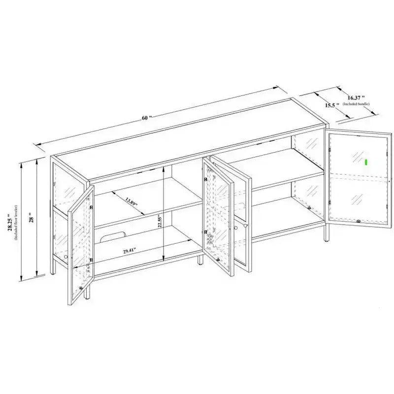Glass TV Stand for TVs up to 59 in., Metal Frame with Wood Interior and Glass Doors