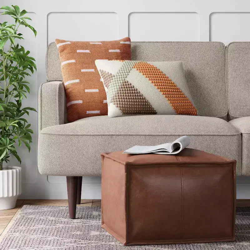 Pouf Earl Faux Leather French Seam Ottoman Caramel - Threshold™: Modern Square Footstool, No Assembly Required