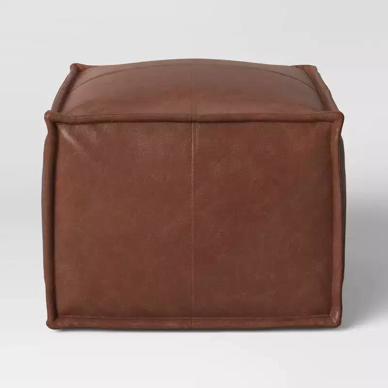 Faux Leather French Seam Square Ottoman, Caramel, Modern Footstool