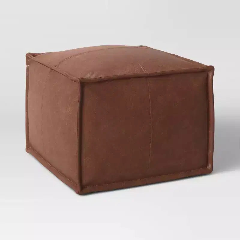 Faux Leather French Seam Square Ottoman, Caramel, Modern Footstool