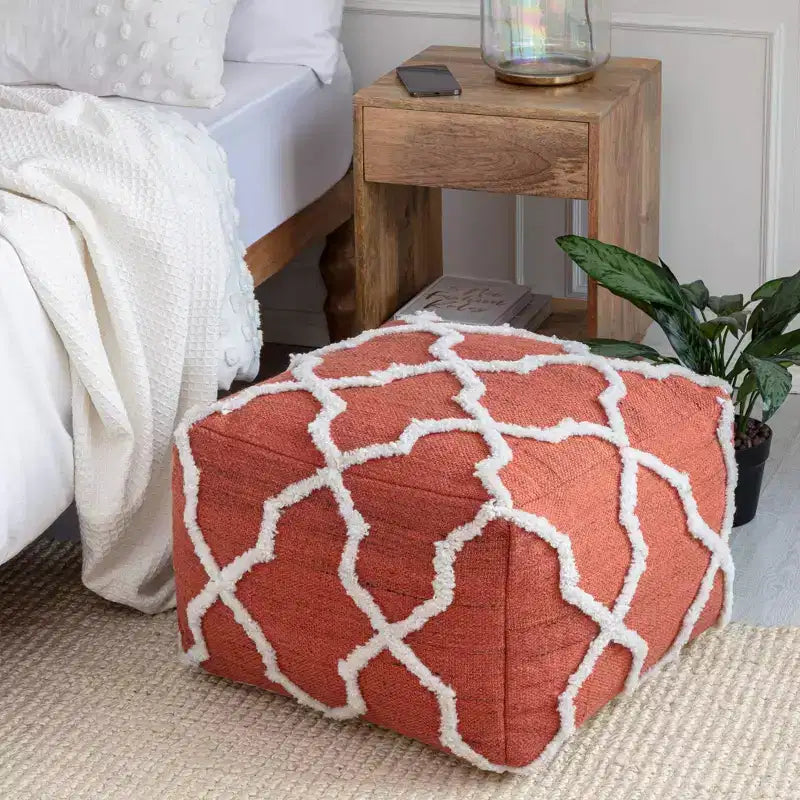 Moroccan Inspired Handmade Pouf, Jute and Cotton, Square