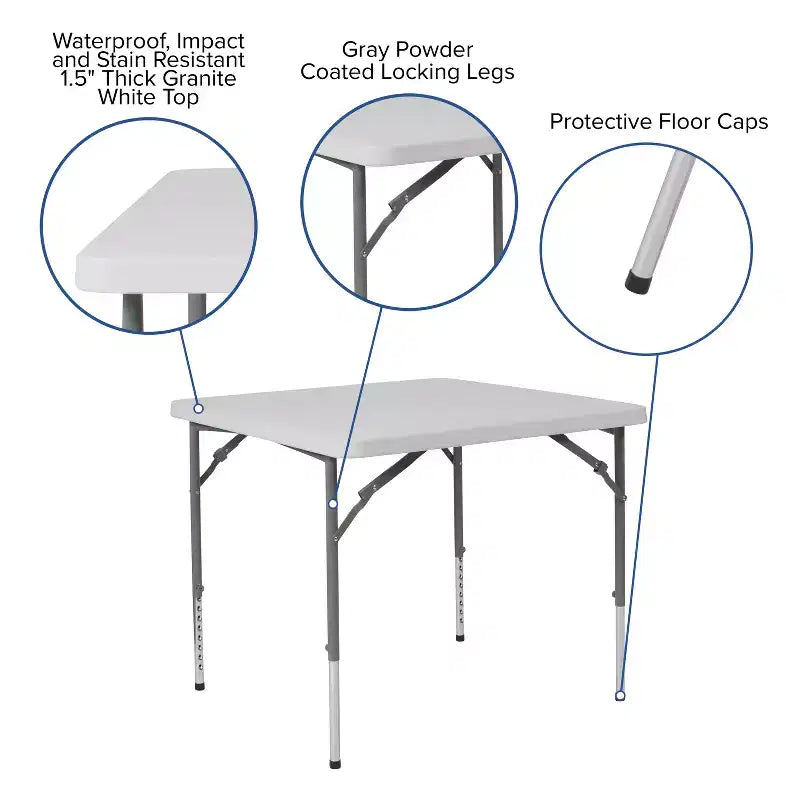 2.79 ft. Square Height Adjustable Granite White Plastic Folding Table, Seats 4