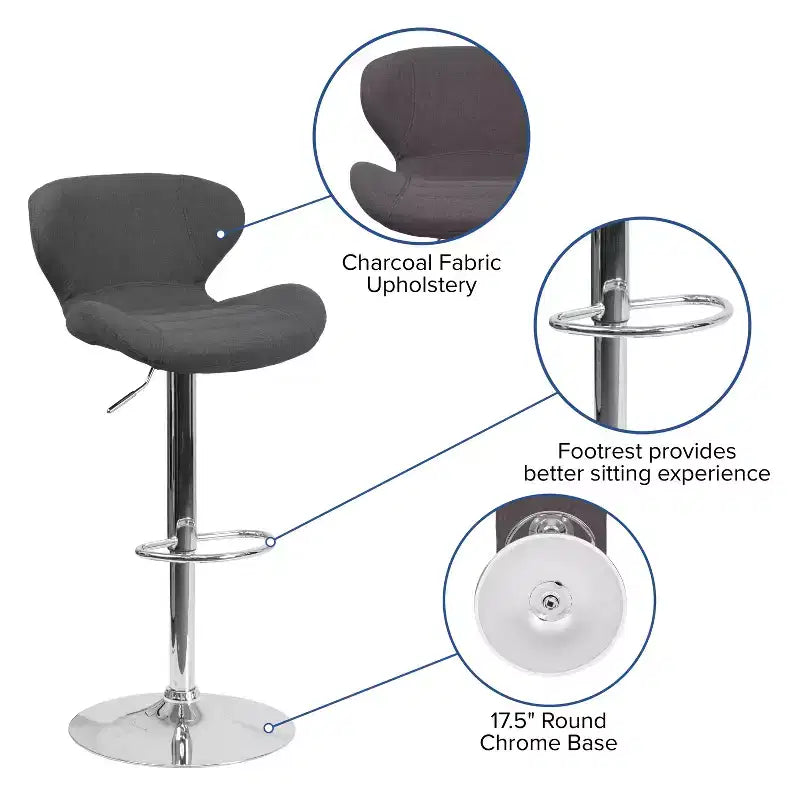 Adjustable Height Barstool, Contemporary Curved Back with Metal Pedestal Base and Footrest