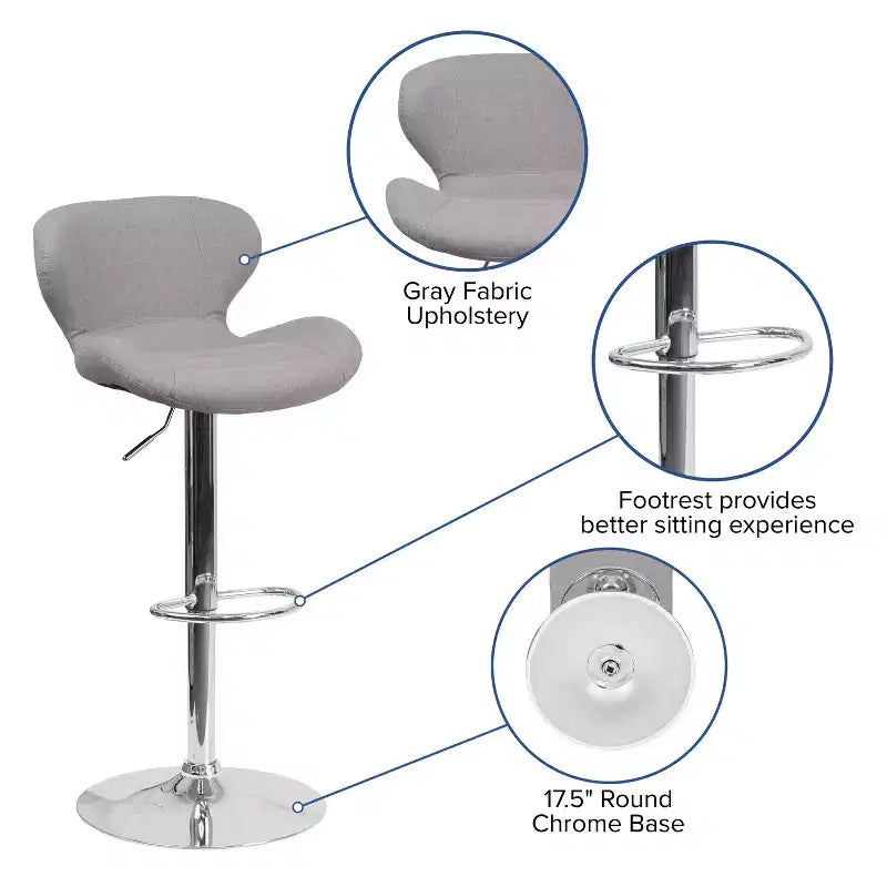 Adjustable Height Barstool, Contemporary Curved Back with Metal Pedestal Base and Footrest