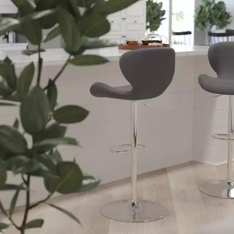 Adjustable Height Barstool, Contemporary Curved Back with Metal Pedestal Base and Footrest