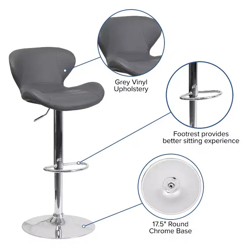 Adjustable Height Barstool, Contemporary Curved Back with Metal Pedestal Base and Footrest
