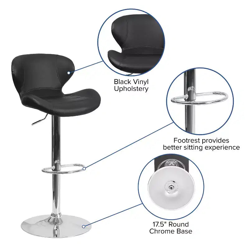 Adjustable Height Barstool, Contemporary Curved Back with Metal Pedestal Base and Footrest