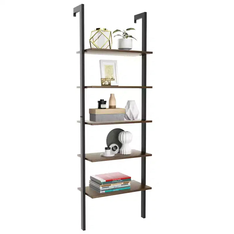 Costway 5-Tier Ladder Shelf Wood Wall Mounted Bookshelf W/Metal Frame Display Shelf