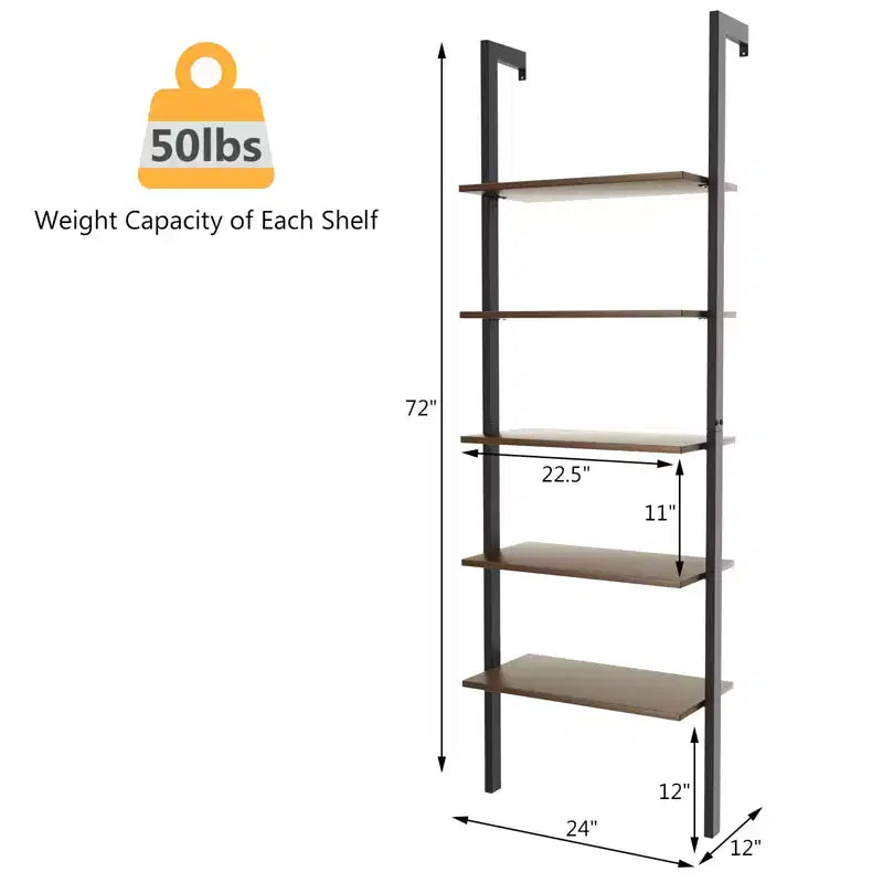 5-Tier Ladder Shelf, Wood Wall Mounted Bookshelf with Metal Frame Display Shelf