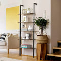 5-Tier Ladder Shelf, Wood Wall Mounted Bookshelf with Metal Frame Display Shelf