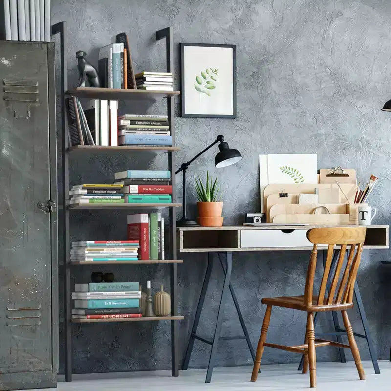 5-Tier Ladder Shelf, Wood Wall Mounted Bookshelf with Metal Frame Display Shelf