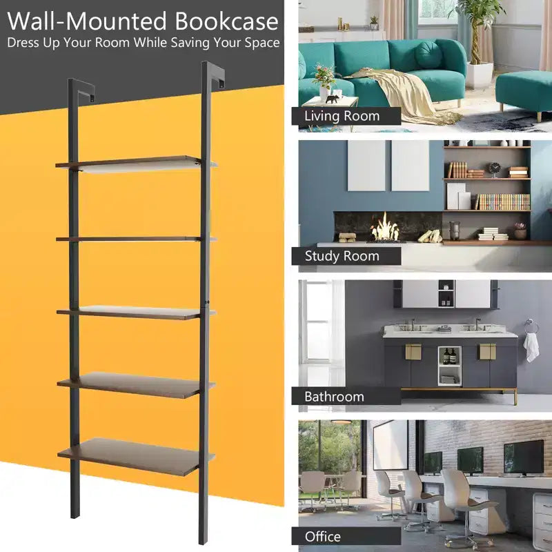 5-Tier Ladder Shelf, Wood Wall Mounted Bookshelf with Metal Frame Display Shelf