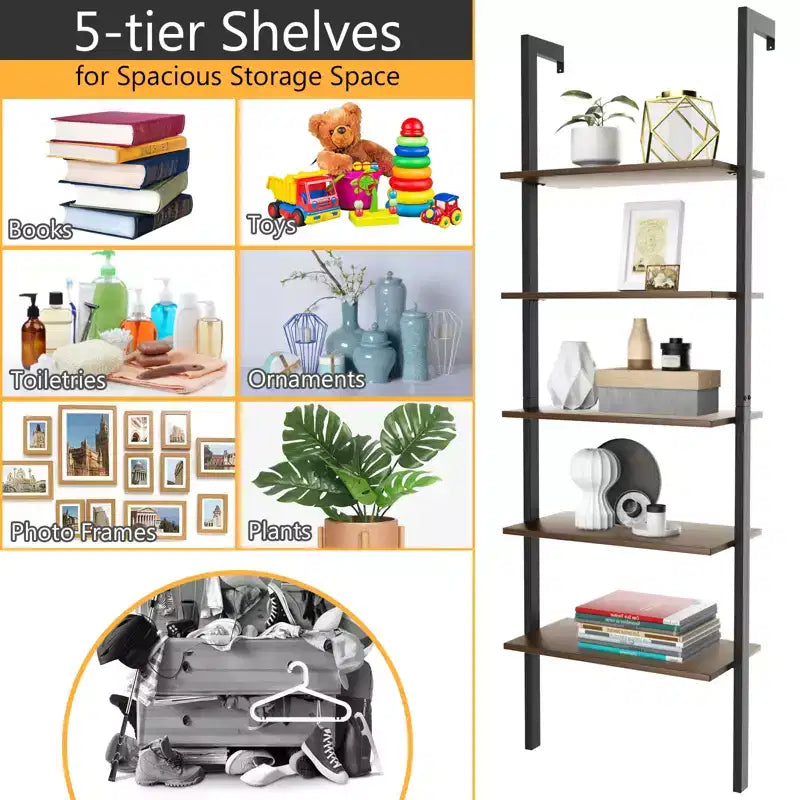 5-Tier Ladder Shelf, Wood Wall Mounted Bookshelf with Metal Frame Display Shelf