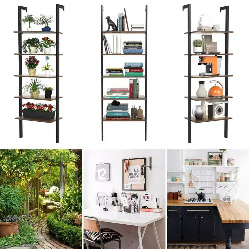 5-Tier Ladder Shelf, Wood Wall Mounted Bookshelf with Metal Frame Display Shelf