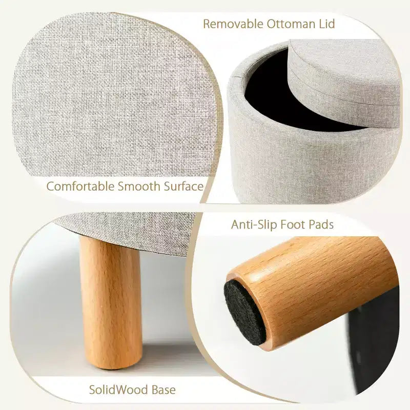 Round Storage Ottoman with Tray Top, Padded Footrest with Wood Legs, Grey or Beige