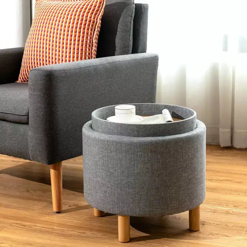 Round Storage Ottoman with Tray Top, Padded Footrest with Wood Legs, Grey or Beige