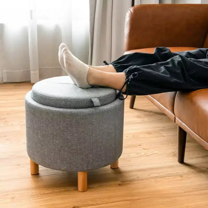 Round Storage Ottoman with Tray Top, Padded Footrest with Wood Legs, Grey or Beige