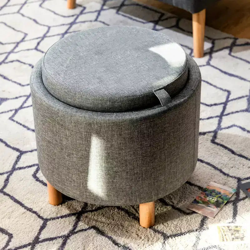 Round Storage Ottoman with Tray Top, Padded Footrest with Wood Legs, Grey or Beige