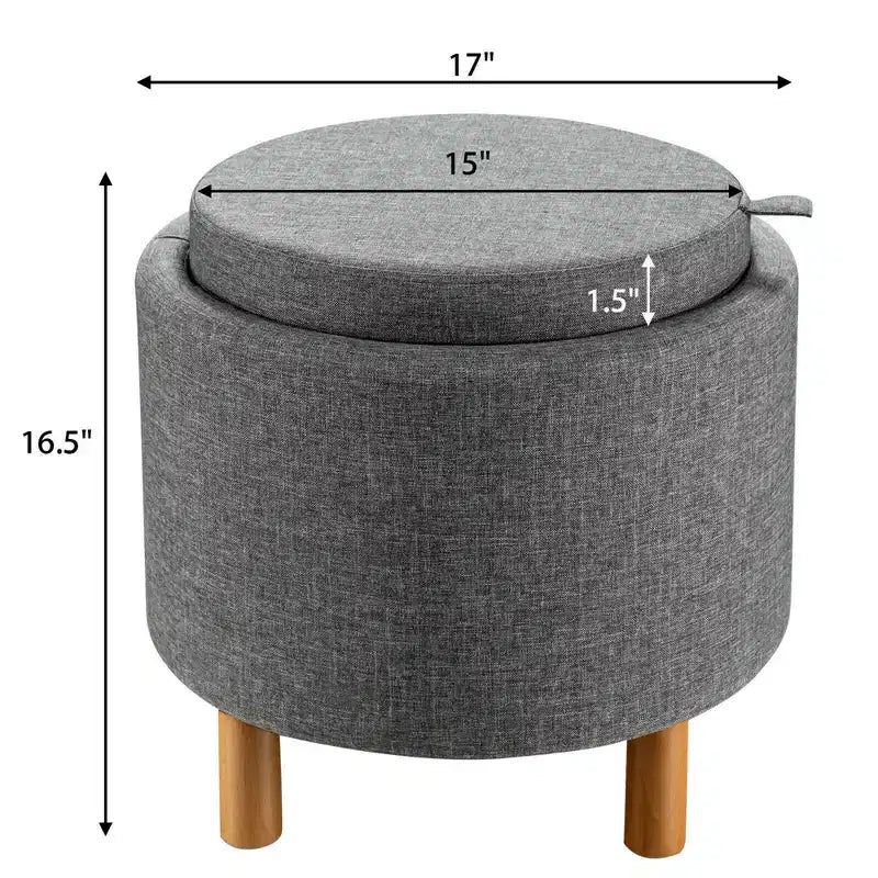 Round Storage Ottoman with Tray Top, Padded Footrest with Wood Legs, Grey or Beige
