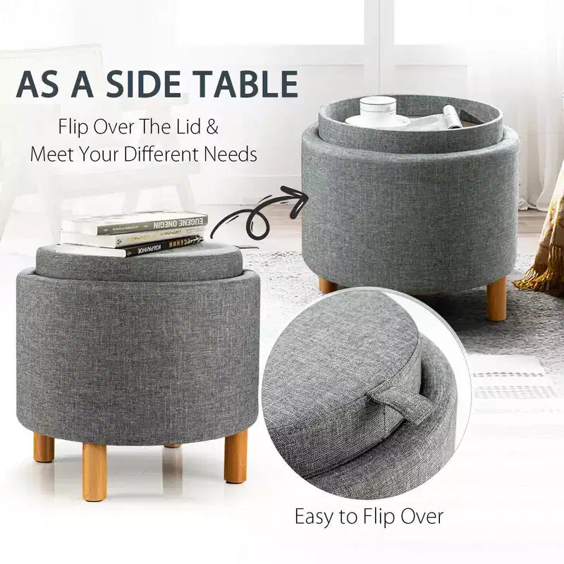 Round Storage Ottoman with Tray Top, Padded Footrest with Wood Legs, Grey or Beige