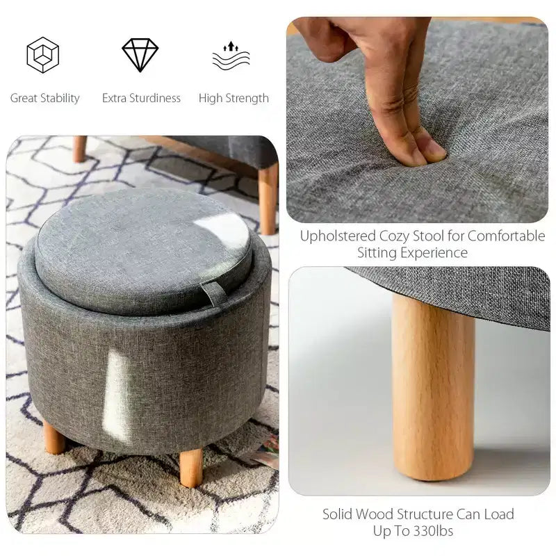 Round Storage Ottoman with Tray Top, Padded Footrest with Wood Legs, Grey or Beige