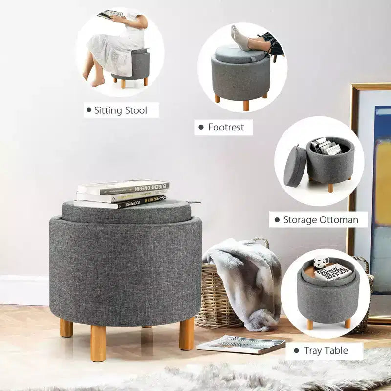 Round Storage Ottoman with Tray Top, Padded Footrest with Wood Legs, Grey or Beige