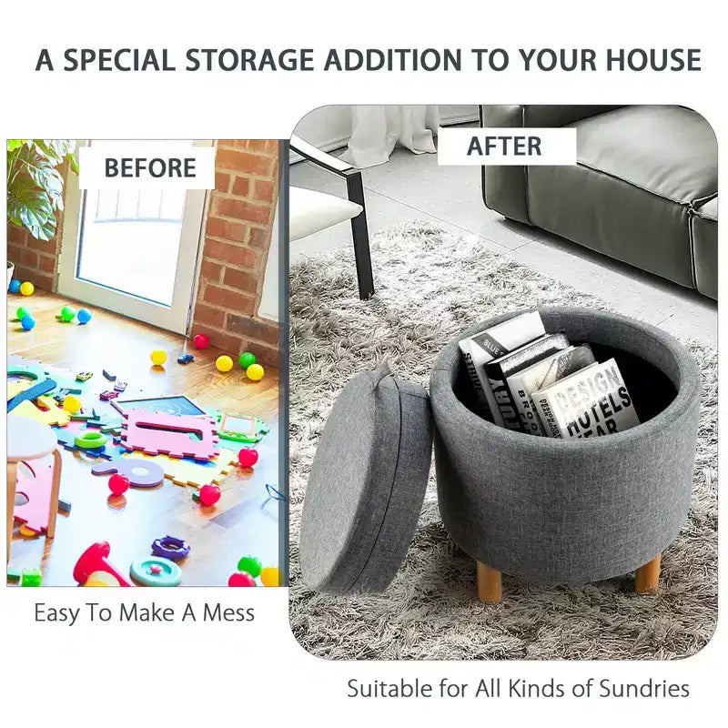 Round Storage Ottoman with Tray Top, Padded Footrest with Wood Legs, Grey or Beige