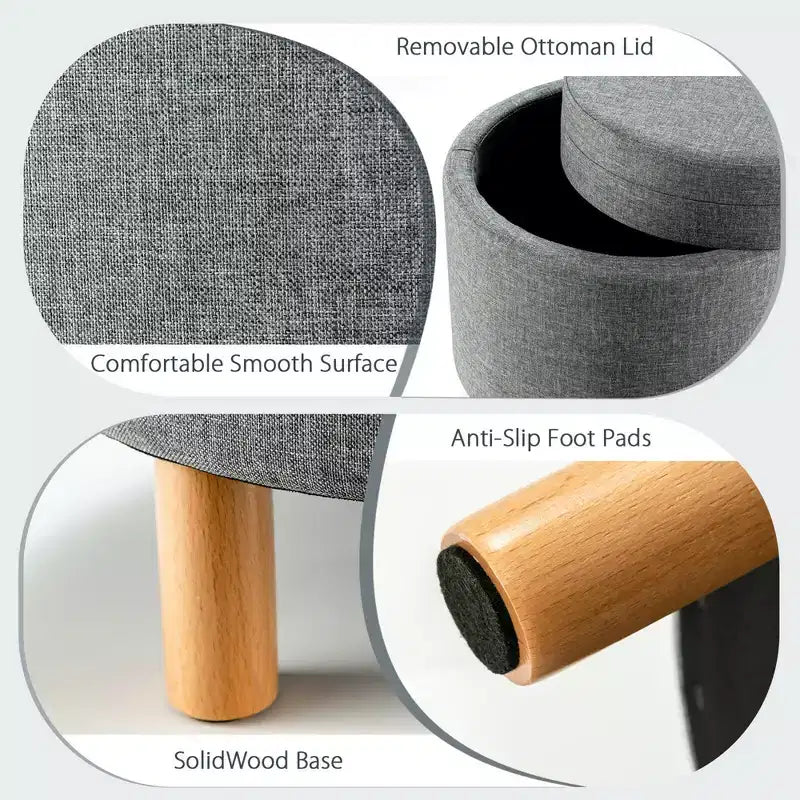 Round Storage Ottoman with Tray Top, Padded Footrest with Wood Legs, Grey or Beige
