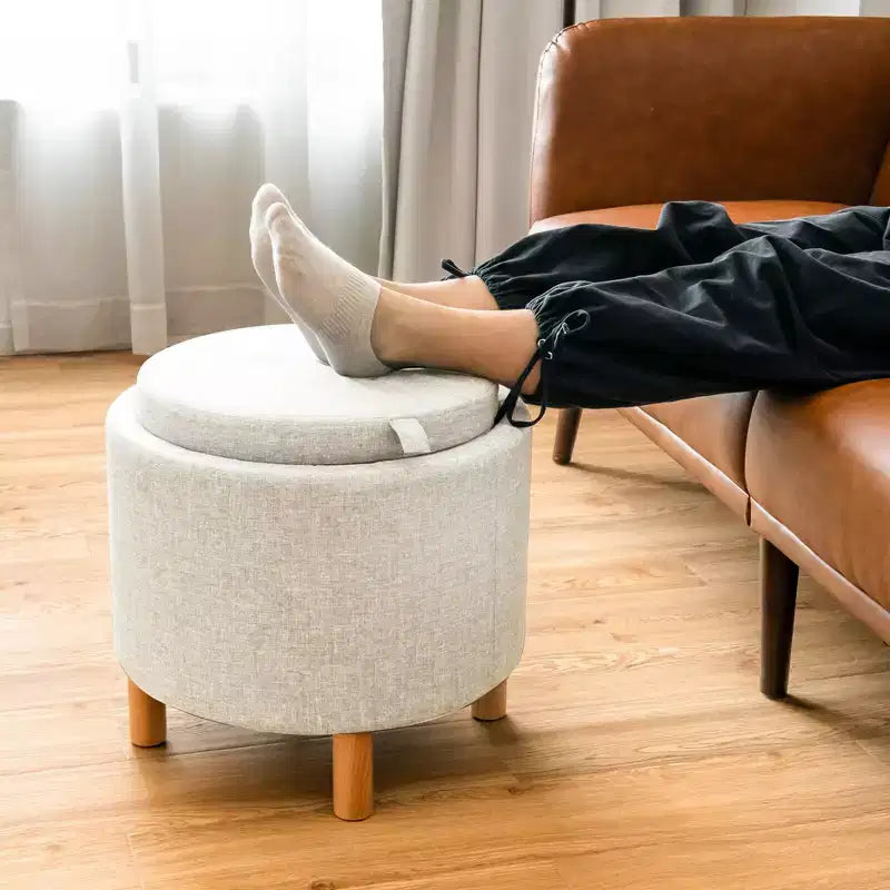 Round Storage Ottoman with Tray Top, Padded Footrest with Wood Legs, Grey or Beige