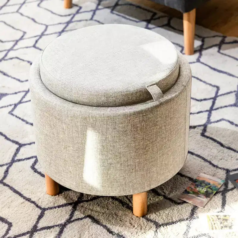Round Storage Ottoman with Tray Top, Padded Footrest with Wood Legs, Grey or Beige