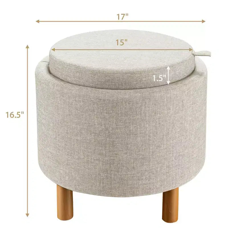 Round Storage Ottoman with Tray Top, Padded Footrest with Wood Legs, Grey or Beige