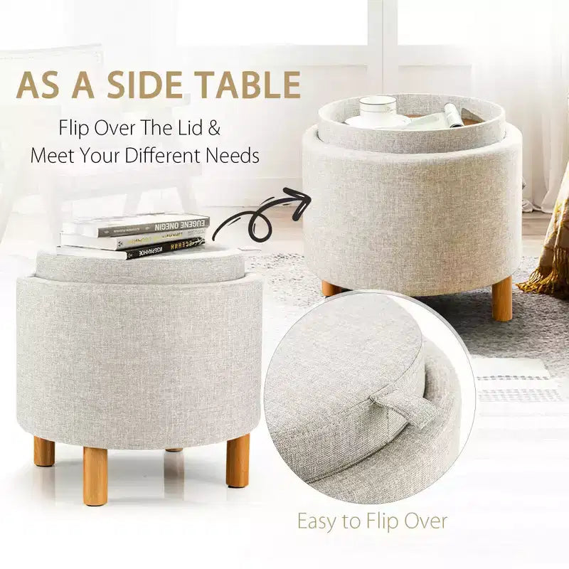 Round Storage Ottoman with Tray Top, Padded Footrest with Wood Legs, Grey or Beige