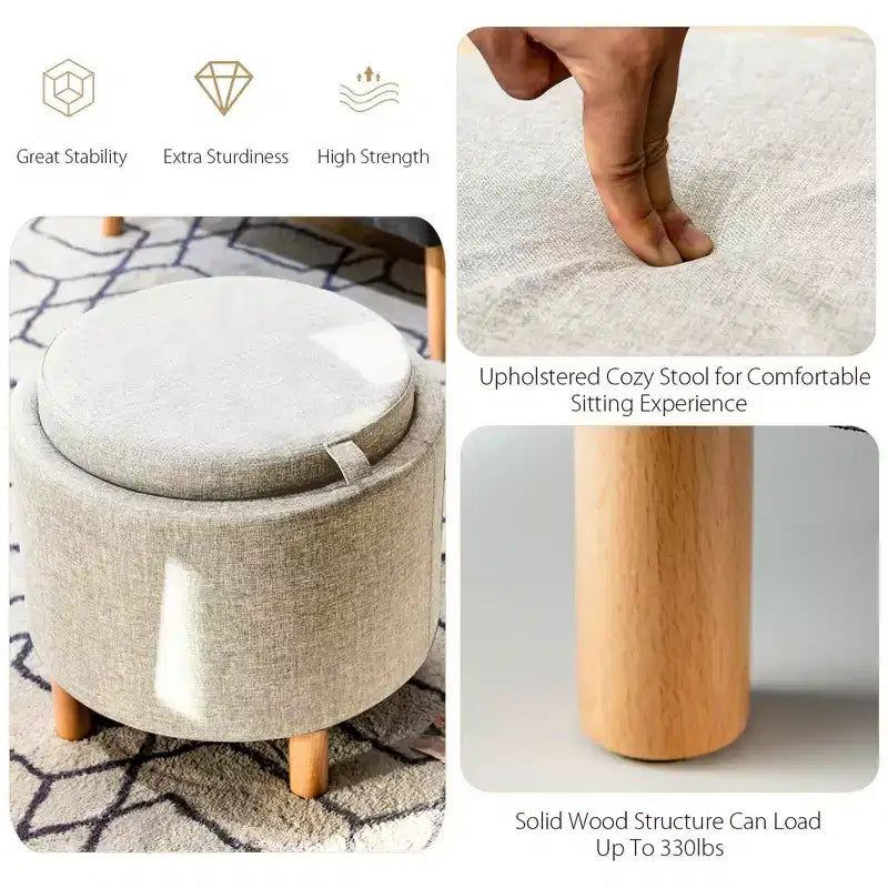 Round Storage Ottoman with Tray Top, Padded Footrest with Wood Legs, Grey or Beige