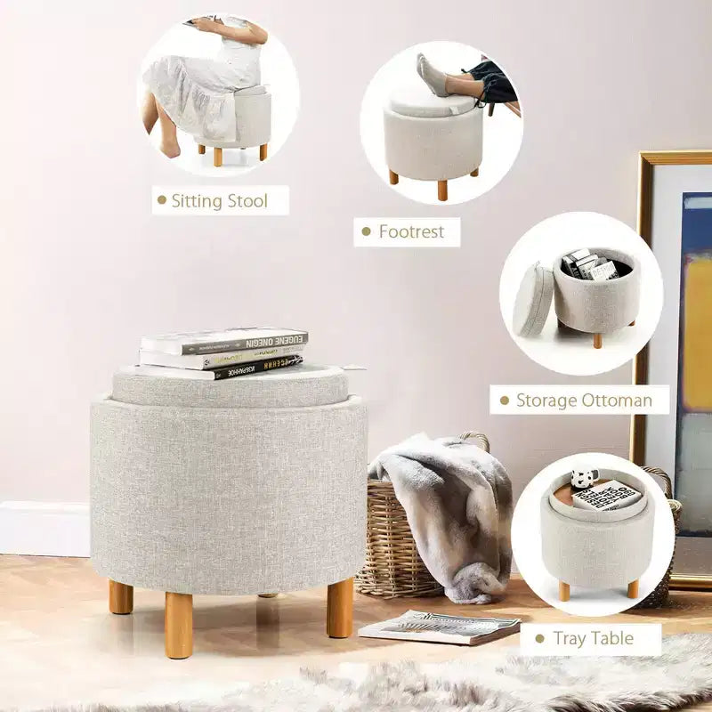 Round Storage Ottoman with Tray Top, Padded Footrest with Wood Legs, Grey or Beige