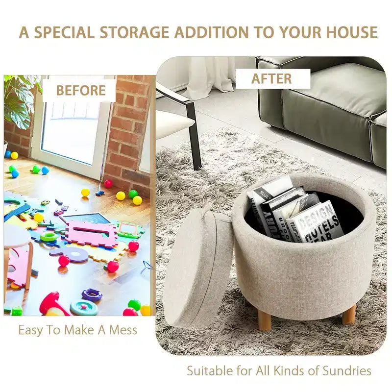 Round Storage Ottoman with Tray Top, Padded Footrest with Wood Legs, Grey or Beige