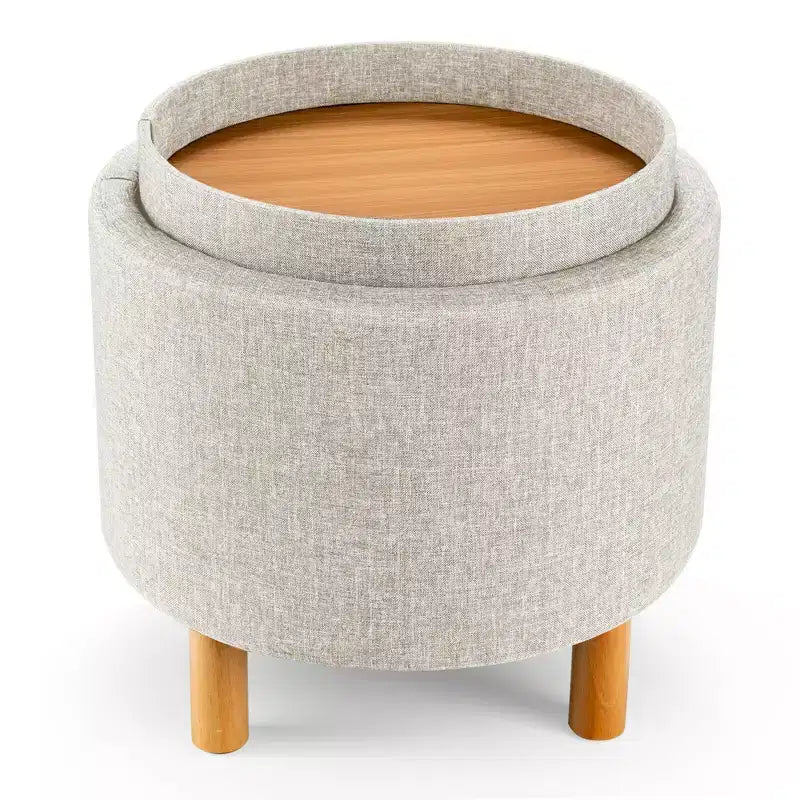 Costway Round Storage Ottoman w/Tray Top Accent Padded Footrest w/Wood Legs Grey/Beige