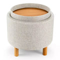Costway Round Storage Ottoman w/Tray Top Accent Padded Footrest w/Wood Legs Grey/Beige