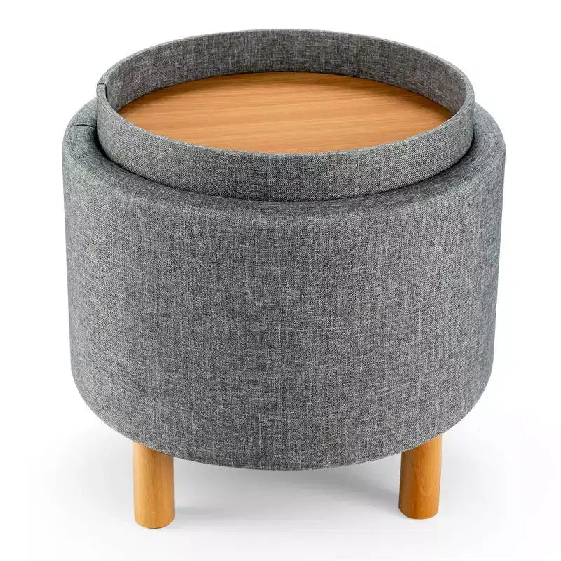 Round Storage Ottoman with Tray Top, Padded Footrest with Wood Legs, Grey or Beige