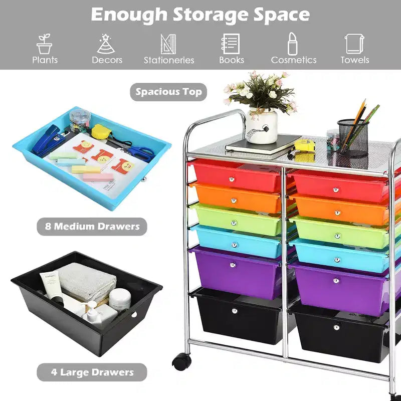 12 Drawers Rolling Storage Cart, Multicolor Scrapbook Paper Studio Organizer Bins