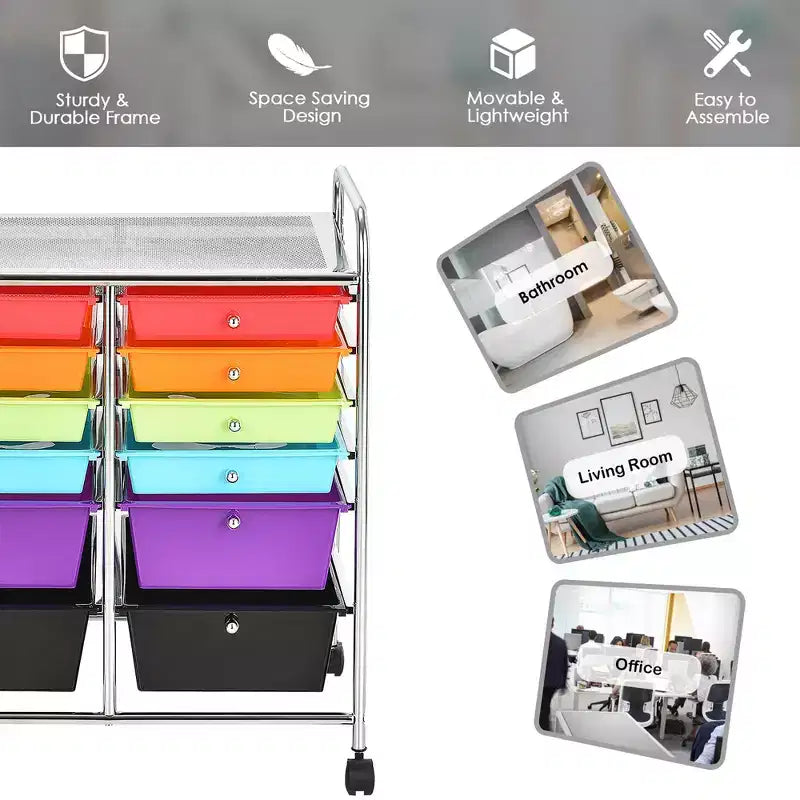 12 Drawers Rolling Storage Cart, Multicolor Scrapbook Paper Studio Organizer Bins