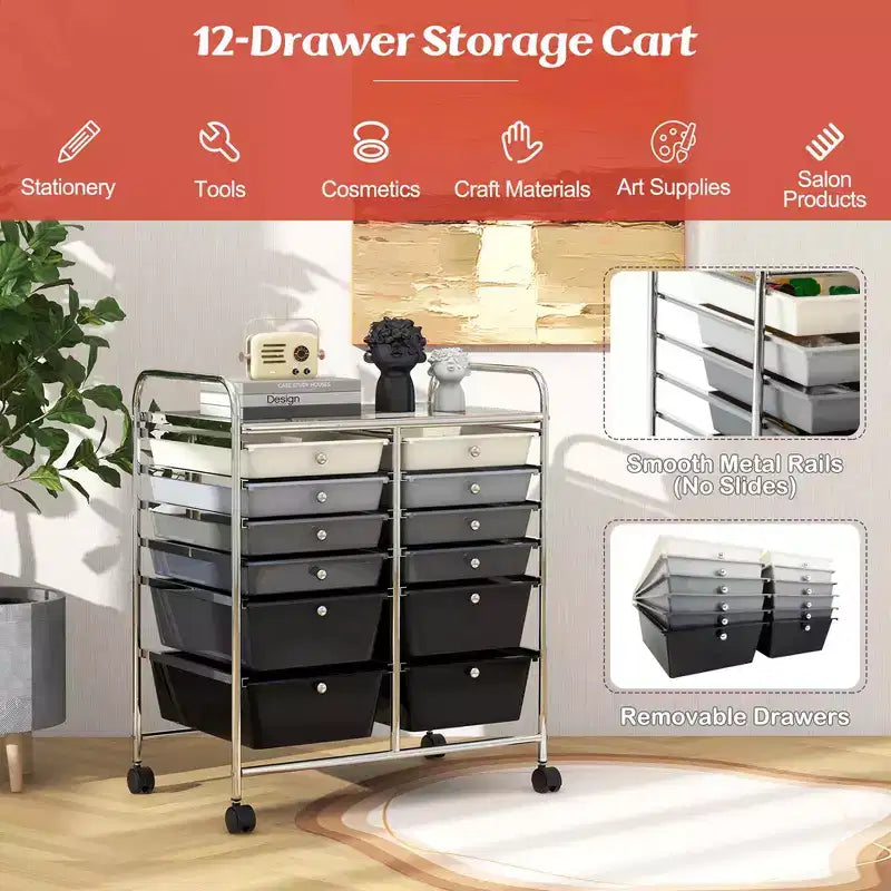 12 Drawers Rolling Storage Cart, Multicolor Scrapbook Paper Studio Organizer Bins